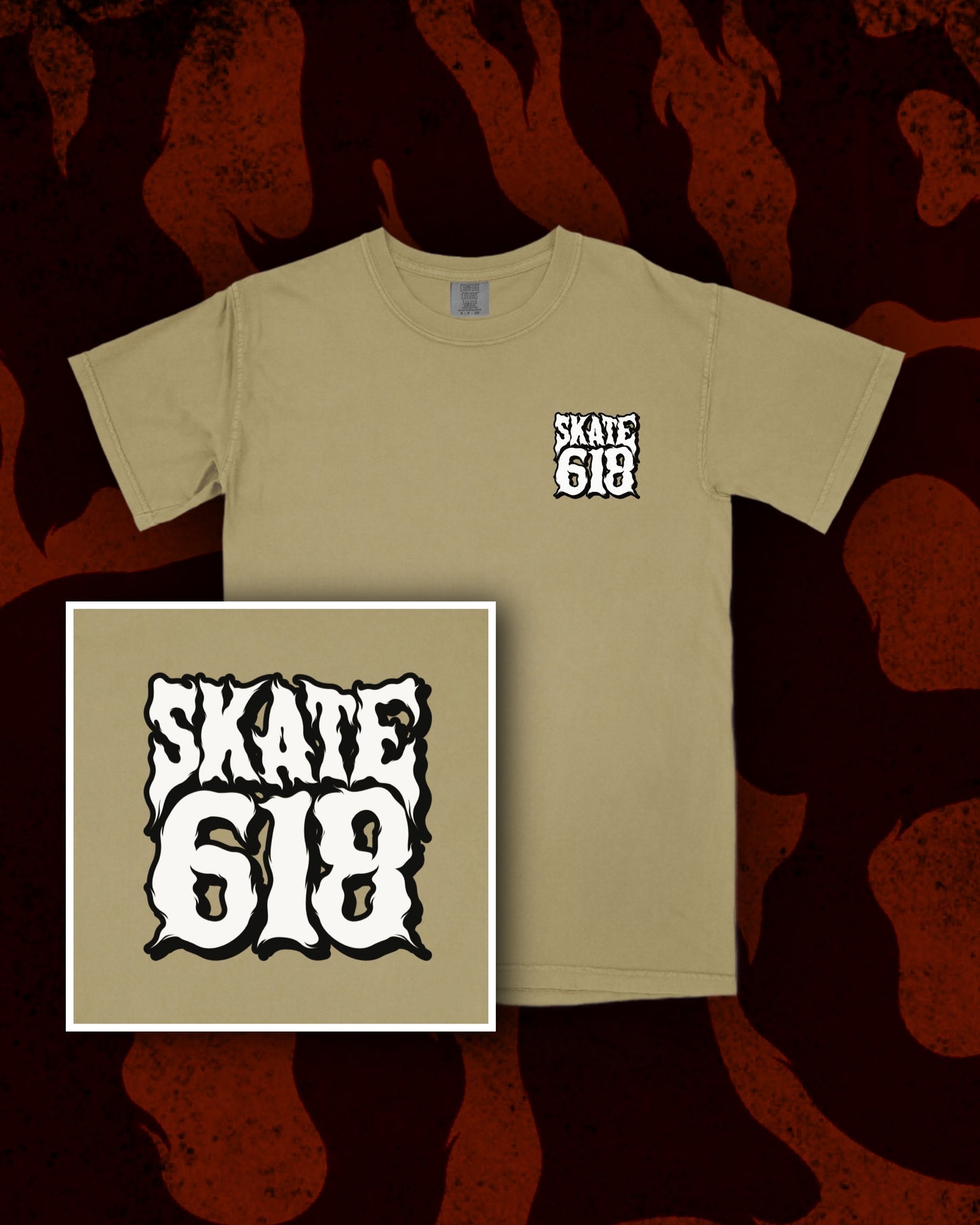 SKATE 618 Stacked Logo Khaki T-Shirt (CHOOSE SIZE)