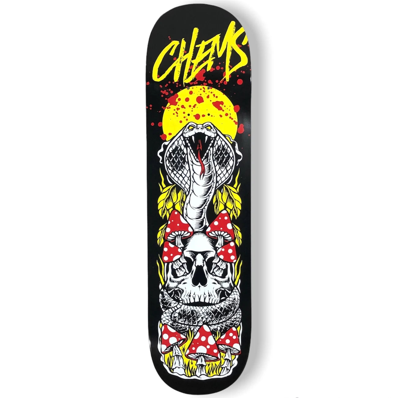 Chems Cobra Skateboard Deck; Black background with a yellow Chems logo at the top; graphic featuring a cobra wrapped around a skull with mushrooms growing out of it; Eye-catching design for a unique and edgy aesthetic;