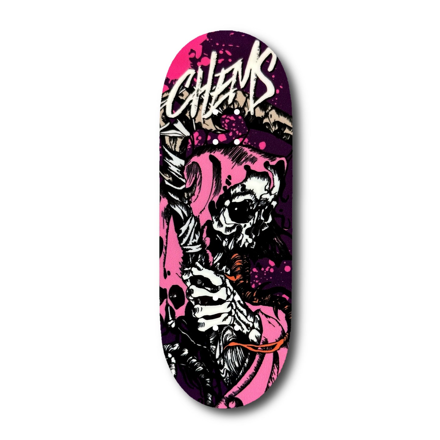 Chems Purple Background “Pink Grim” Fingerboard Deck