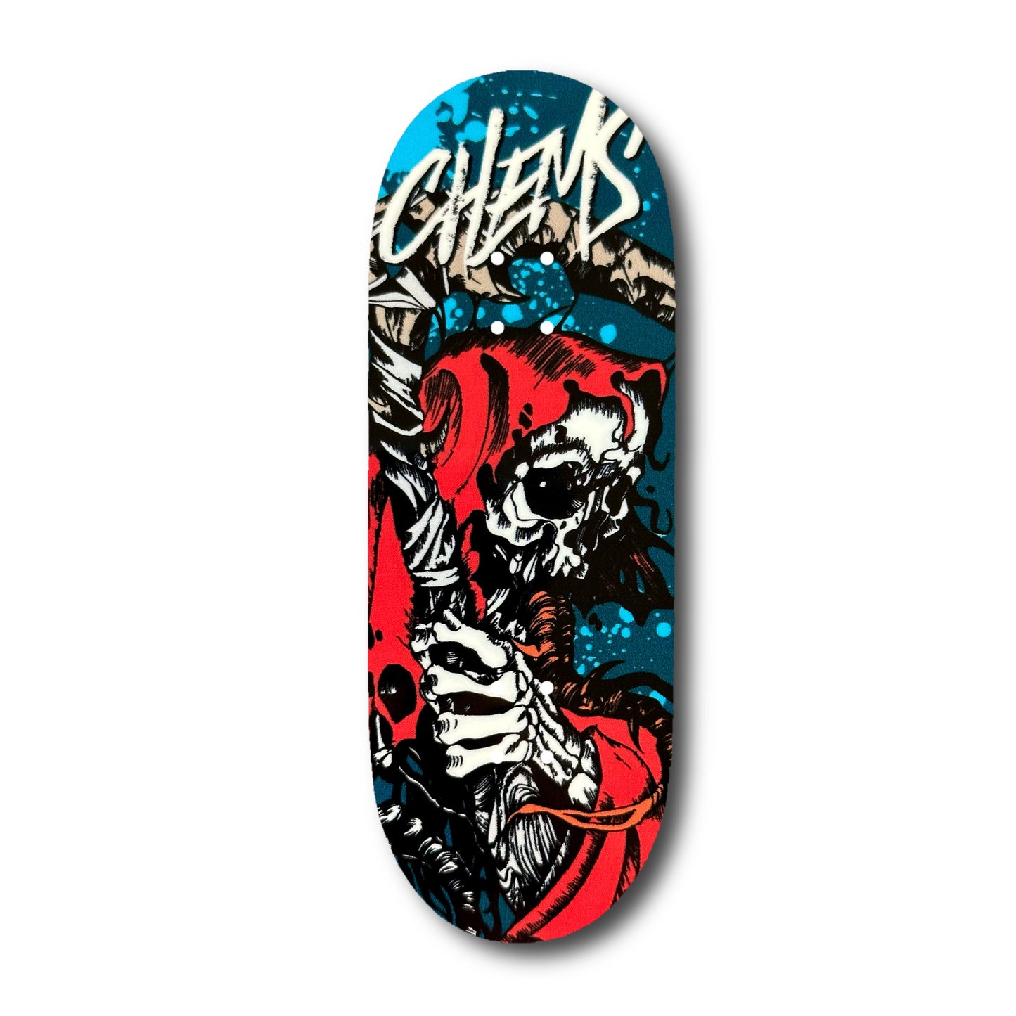 Chems Blue Background “Red Grim” Fingerboard Deck