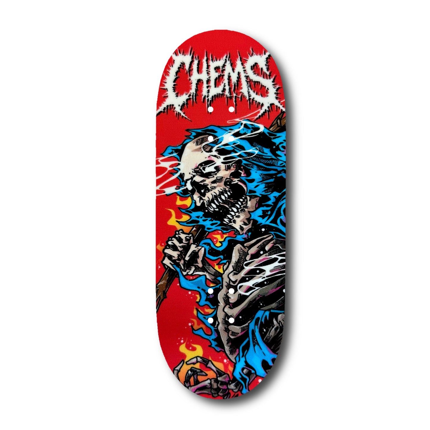 Chems Red Background “Fire Grim” Fingerboard Deck