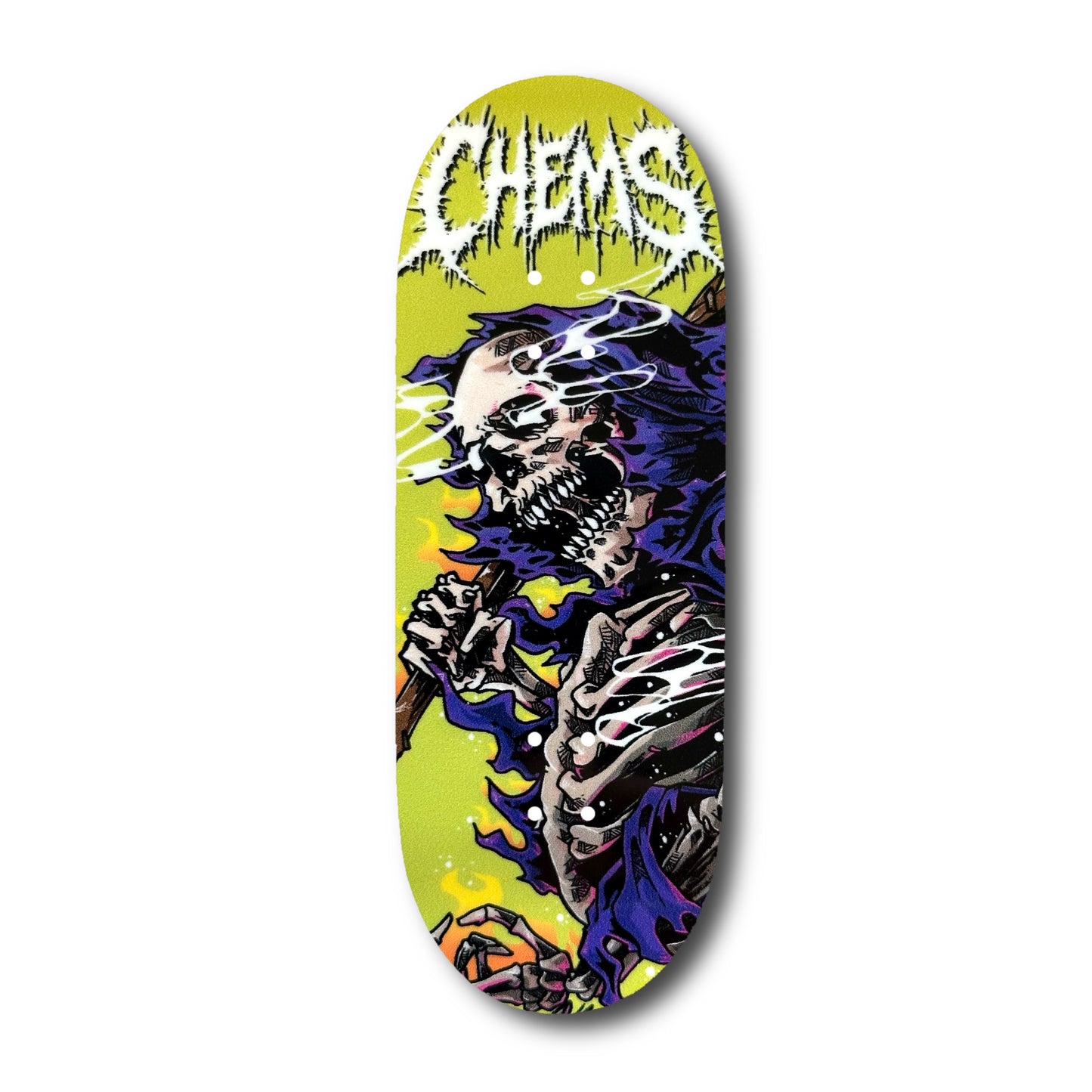 Chems Green Background “Fire Grim” Fingerboard Deck