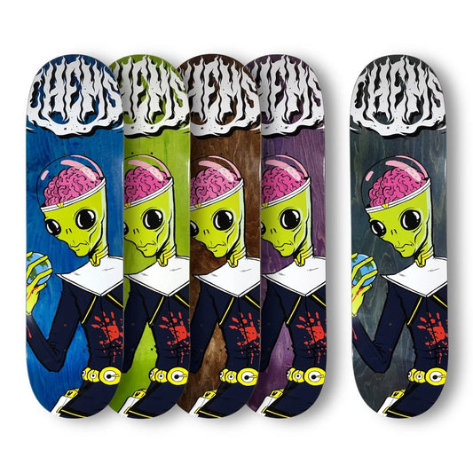 Chems Martian Skateboard Deck; Available in various colored backgrounds; Features a graphic of an alien holding the planet earth; Striking design for a unique and eye-catching skateboard deck; Durable construction ensures reliable performance and longevity.