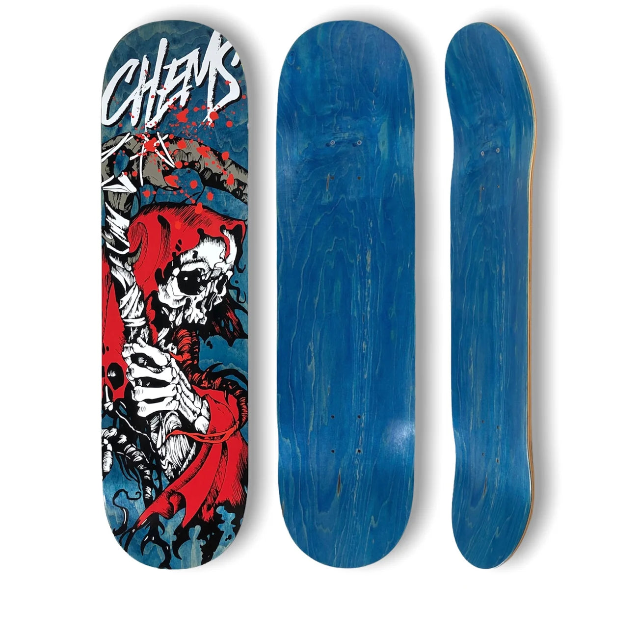 Chems Red Grim Skateboard Deck; Available in various background colors; Features a striking red grim reaper graphic; White Chems logo positioned at the top; Displayed to show the top and side of the skateboard deck
