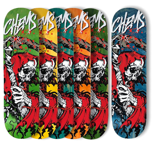 Chems Red Grim Skateboard Deck; Available in various background colors; Features a striking red grim reaper graphic; White Chems logo positioned at the top; Eye-catching design for a bold and edgy skateboard deck; Durable construction for reliable performance and longevity.