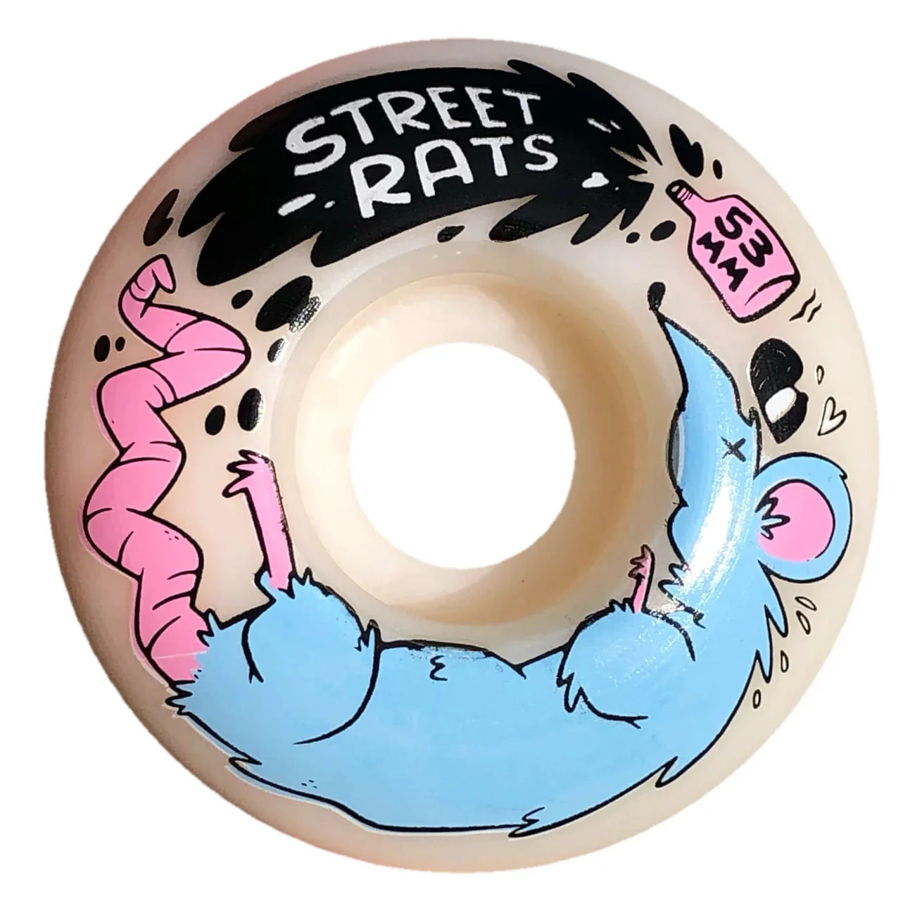 Street Rats Skateboard Wheels; White urethane construction for smooth performance; Features a blue and pink rat with a spilled vial graphic; Provides excellent grip and durability for street skateboarding; Eye-catching design for a unique and edgy look on your skateboard.