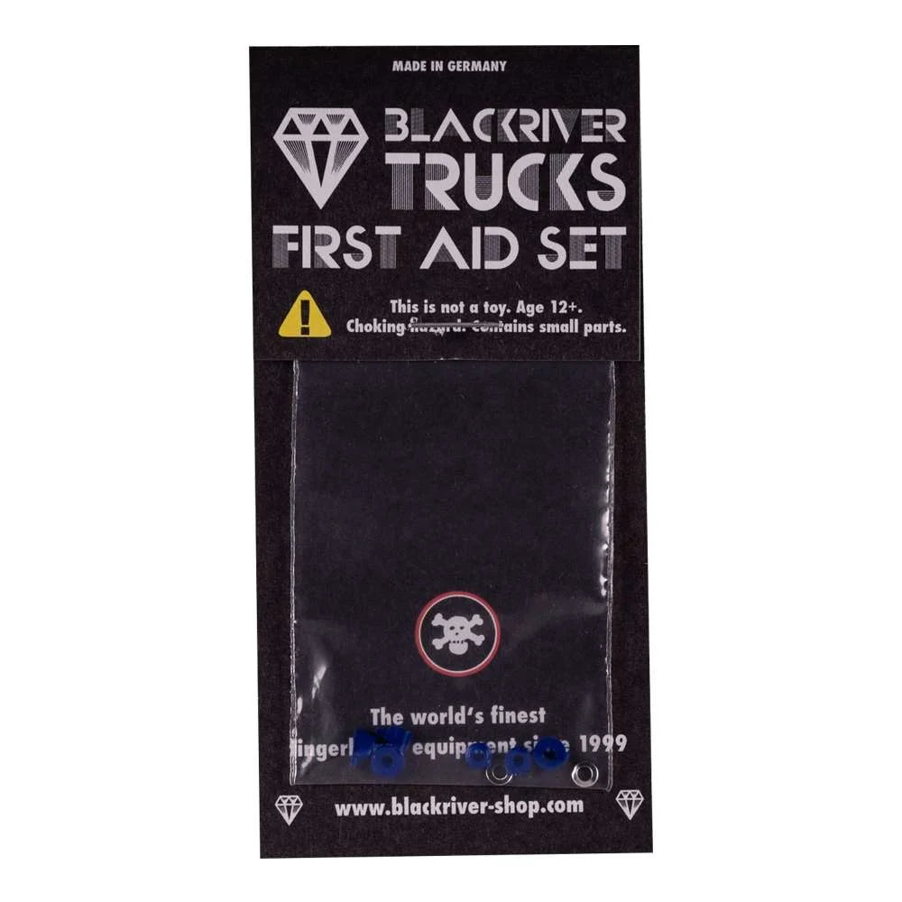 Blackriver Fingerboard bushings package; Black packaging with a clear portion for showcasing the bushings inside; 