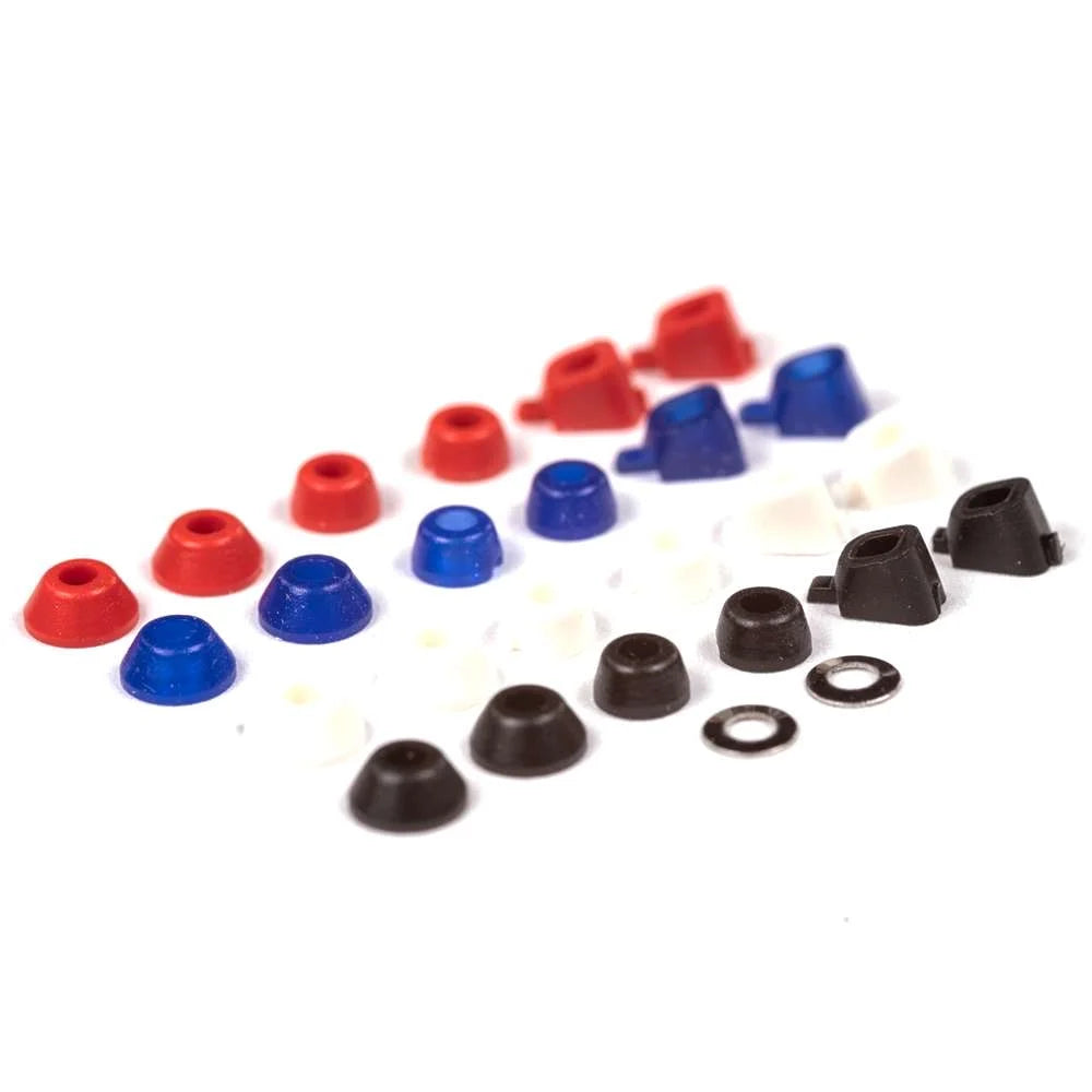 Blackriver Fingerboard bushings deluxe pack with 4 sets of bushings; Includes soft bushings in dark blue; classic bushings in white; medium bushings in black; hard bushings in red; Provides versatile options for customized fingerboard setups