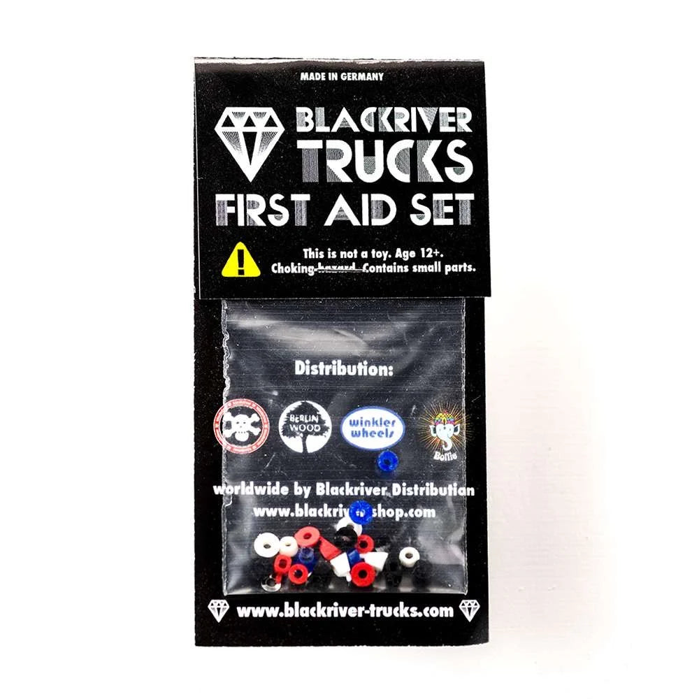 Blackriver Fingerboard bushings package; Black packaging with a clear portion for showcasing the bushings inside; Deluxe pack with 4 sets of bushings; Customizable options for optimal fingerboard performance