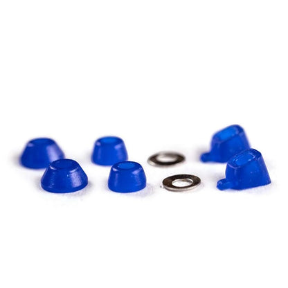 Blue Blackriver Fingerboard bushings set; 2 top bushings, 2 bottom bushings, and 2 top washers; Enhances fingerboard stability and maneuverability; Durable and reliable components for optimal performance.