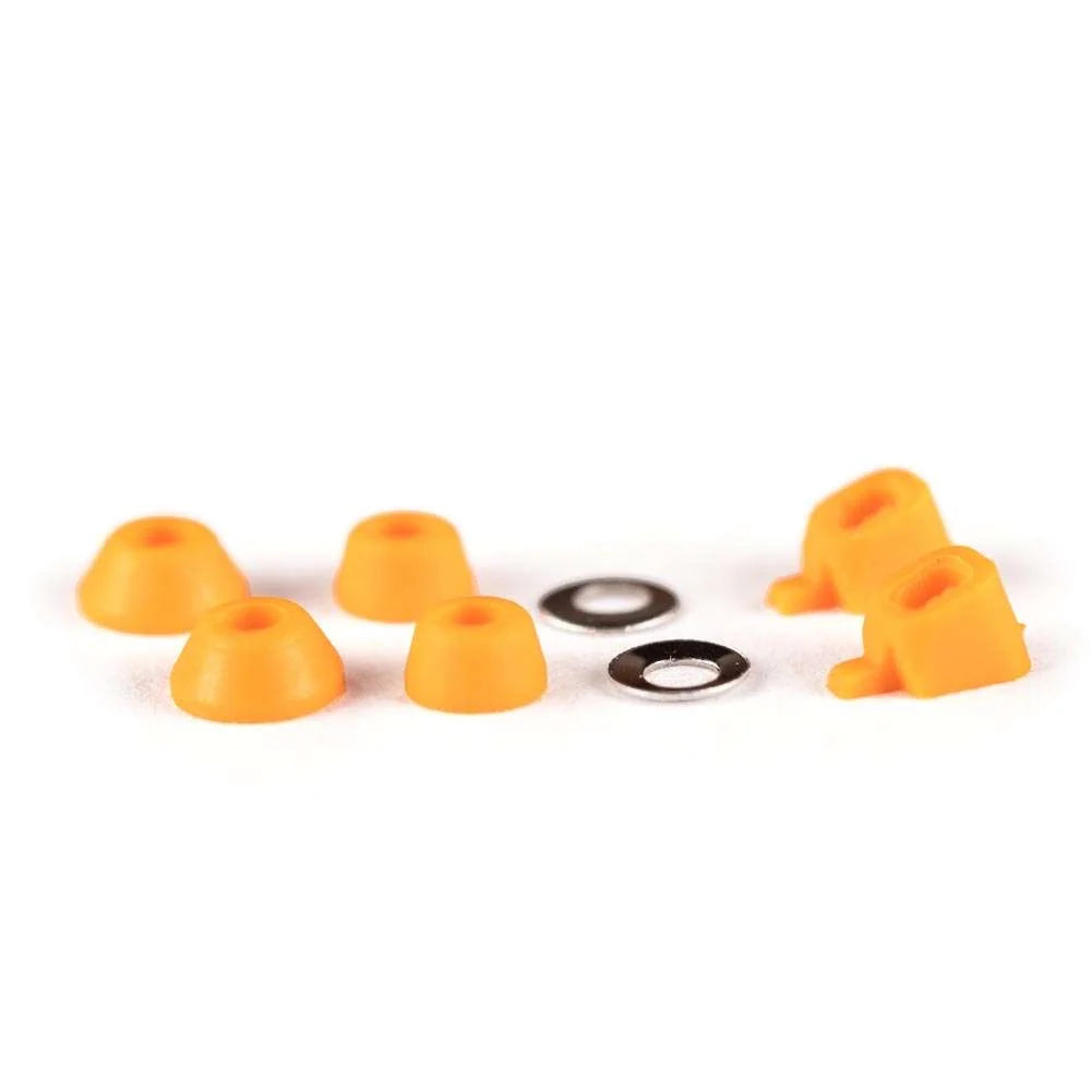 Orange Blackriver Fingerboard bushings set; 2 top bushings, 2 bottom bushings, and 2 top washers; Enhances fingerboard stability and maneuverability; Durable and reliable components for optimal performance.