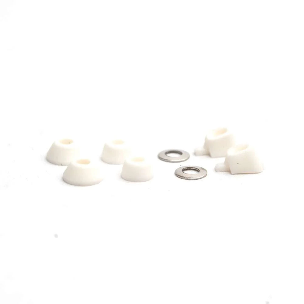 White Blackriver Fingerboard bushings set; 2 top bushings, 2 bottom bushings, and 2 top washers; Enhances fingerboard stability and maneuverability; Durable and reliable components for optimal performance.