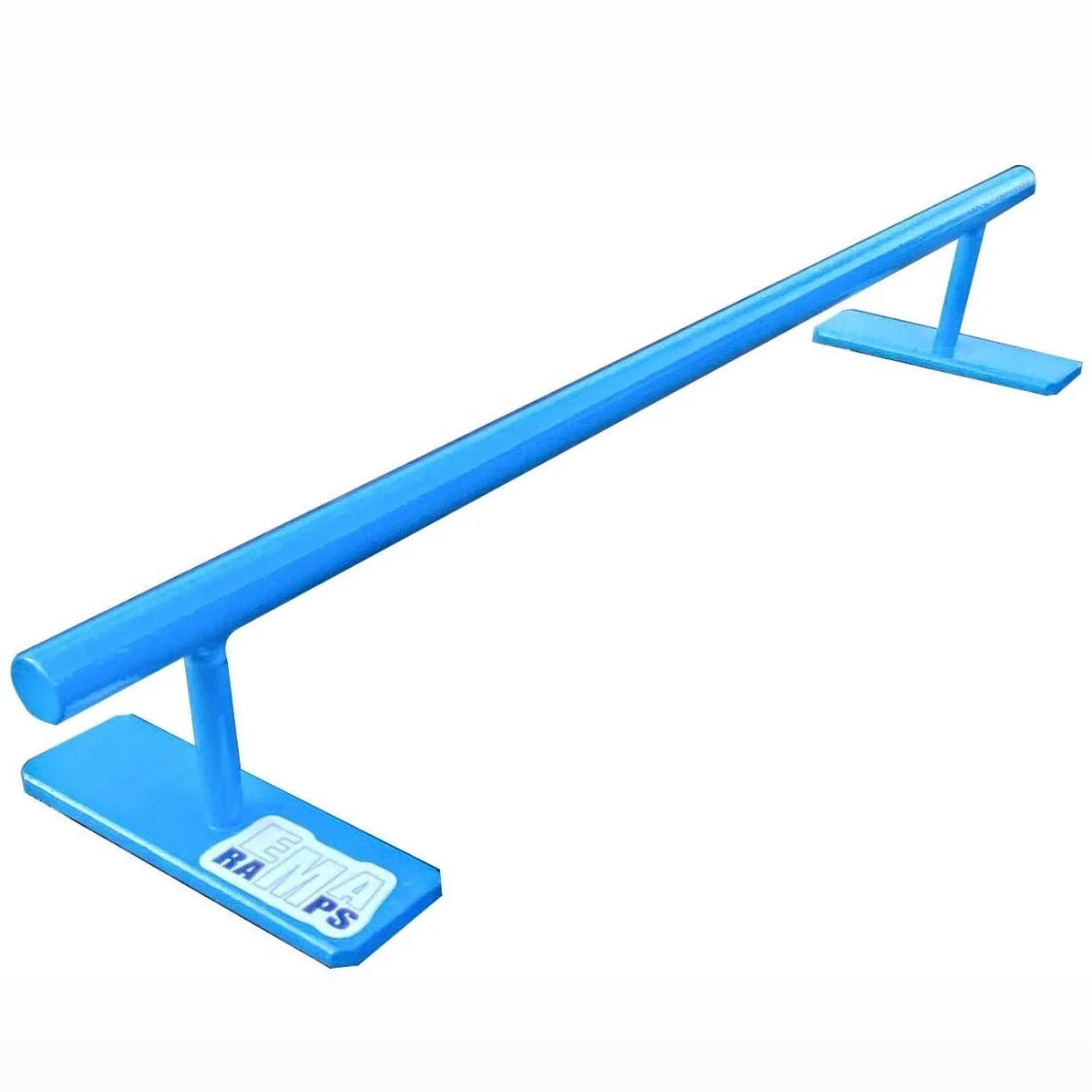 EMA Round Rail Fingerboard Obstacle; Blue-colored rail for fingerboarding; Sturdy construction for stability and durability; Provides a smooth and realistic rail experience; EMA Ramps sticker on one foot.