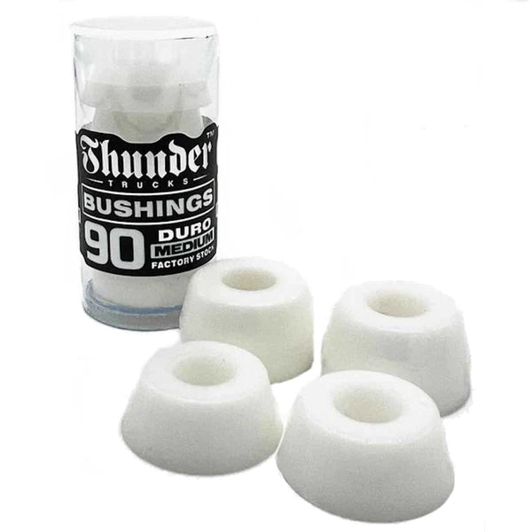 White Thunder Premium Skateboard Bushings; Medium durometer for a balanced ride; Factory stock bushings designed for Thunder skateboard trucks; Enhances responsiveness and maneuverability;