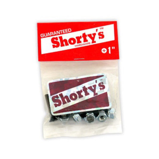 1 inch Shorty's Phillips Skateboard Hardware; Red package with a clear portion for showcasing the hardware; Includes bolts and nuts for skateboard assembly; Phillips head screwdriver required for installation; Durable construction for secure and long-lasting use;