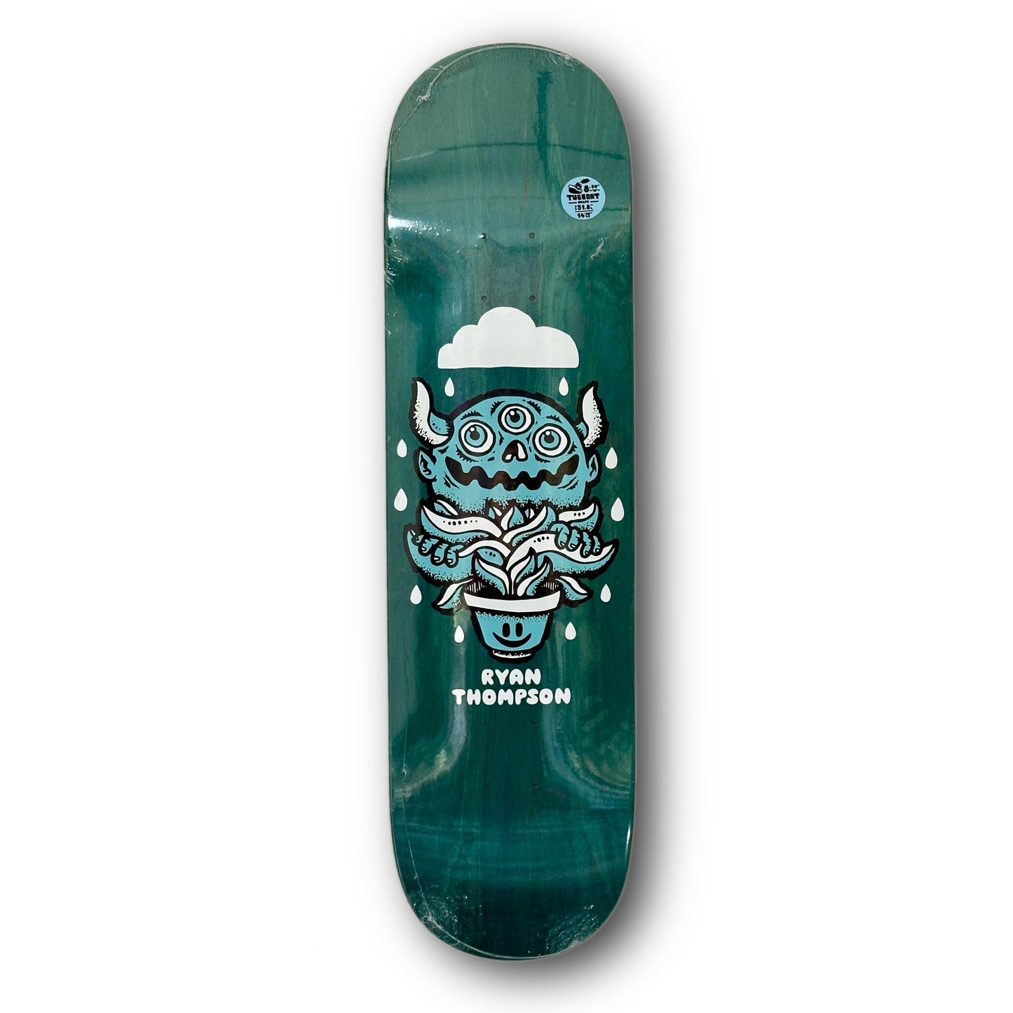 Roger Skate Co. Ryan Thompson Water Spirit Skateboard Deck; Teal background with illustrated blue and white graphic featuring three-eyed horned creature and a potted plant; graphic also features white cloud and raindrops; white text below graphic spells out “Ryan Thompson”
