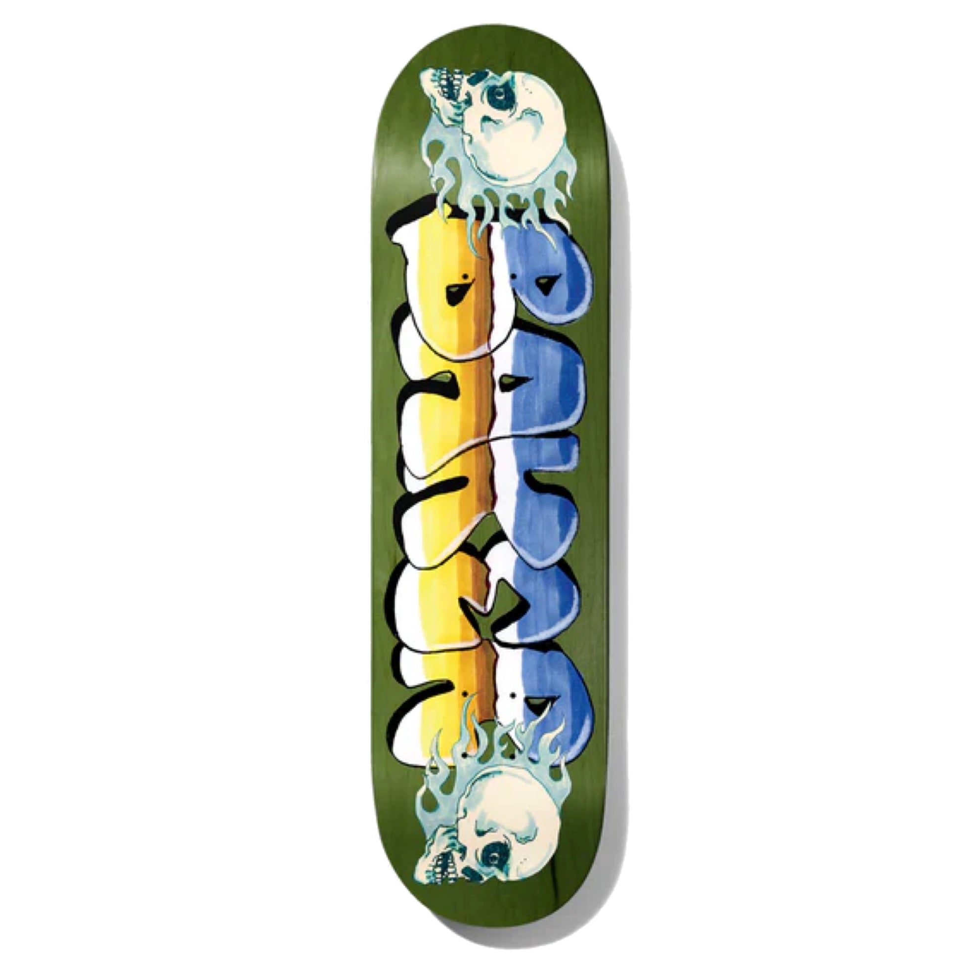Baker T-Funk Faster Skateboard Deck; Forest green background; Blue, yellow, and white lettering spells out “Baker”; Graphic illustration white skulls and light blue flames on both sides of lettering
