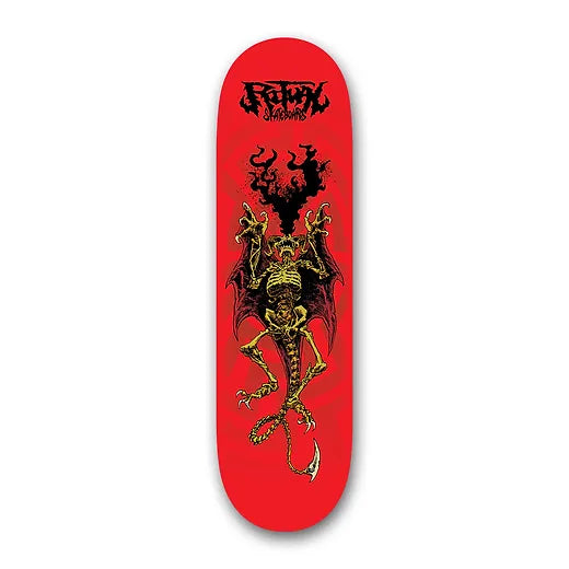 Ritual I Am Demon Skateboard Deck; Red background; Black lettering spells out “Ritual Skateboards”; Illustrated multicolored yellow and black graphic features winged demonic skeleton and black smoke