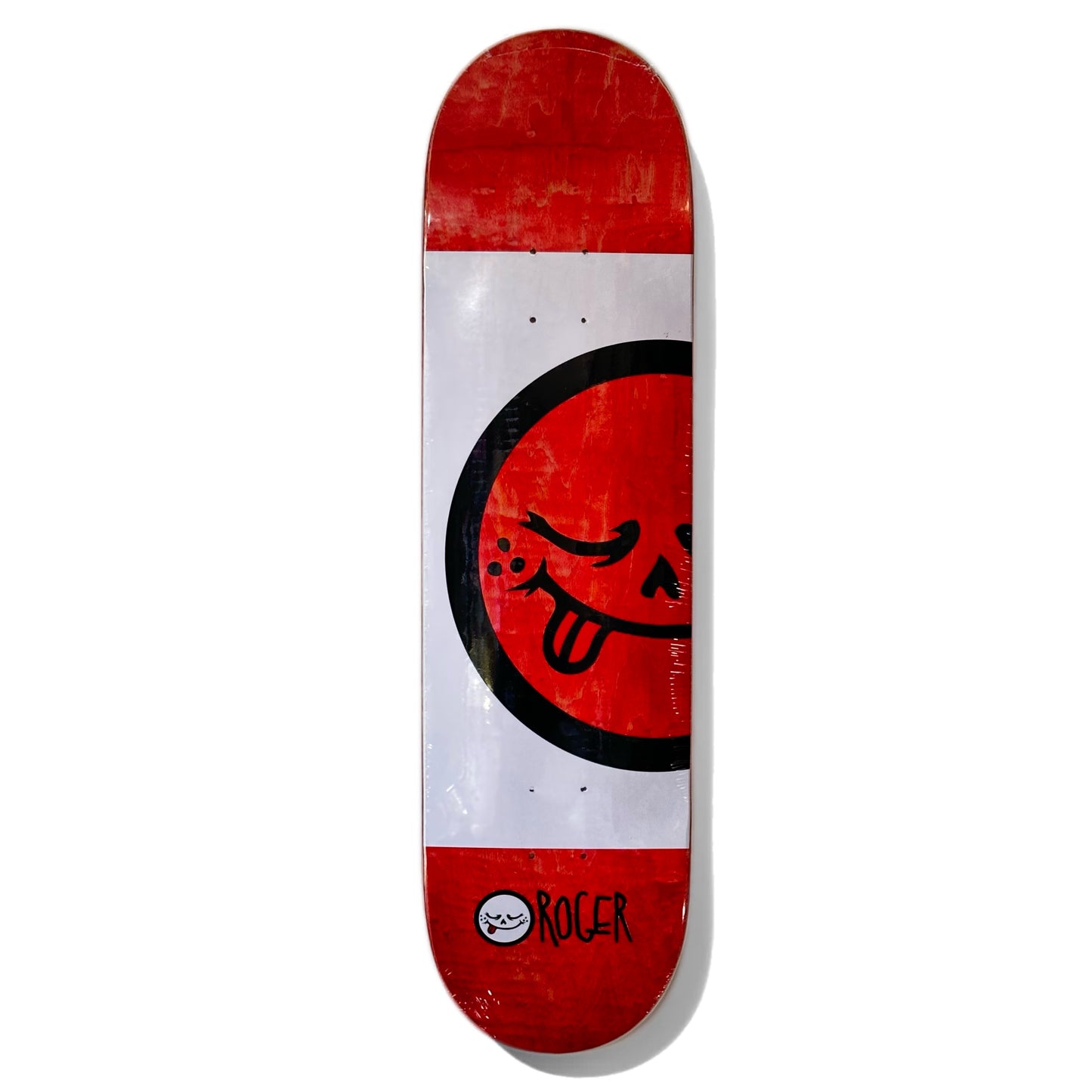 Roger Skate Co. Half Roger V3 Skateboard Deck; One red skateboard deck with red background; ROGER logo and text at bottom; middle of board is white with illustrated graphic of large smiley face with tongue out