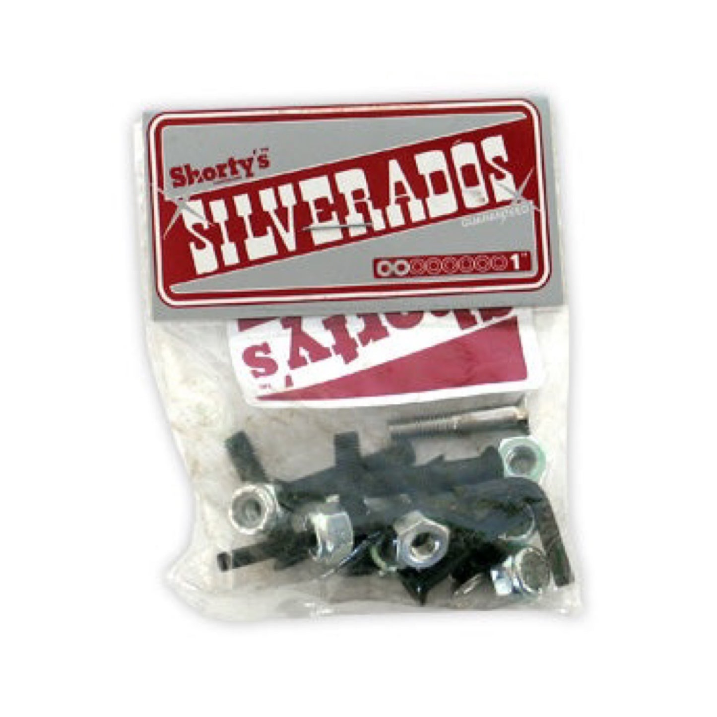 Shorty's Silverados Allen Skateboard Hardware; Silver and red package with a clear portion for displaying the black hardware; Includes bolts and nuts for skateboard assembly;