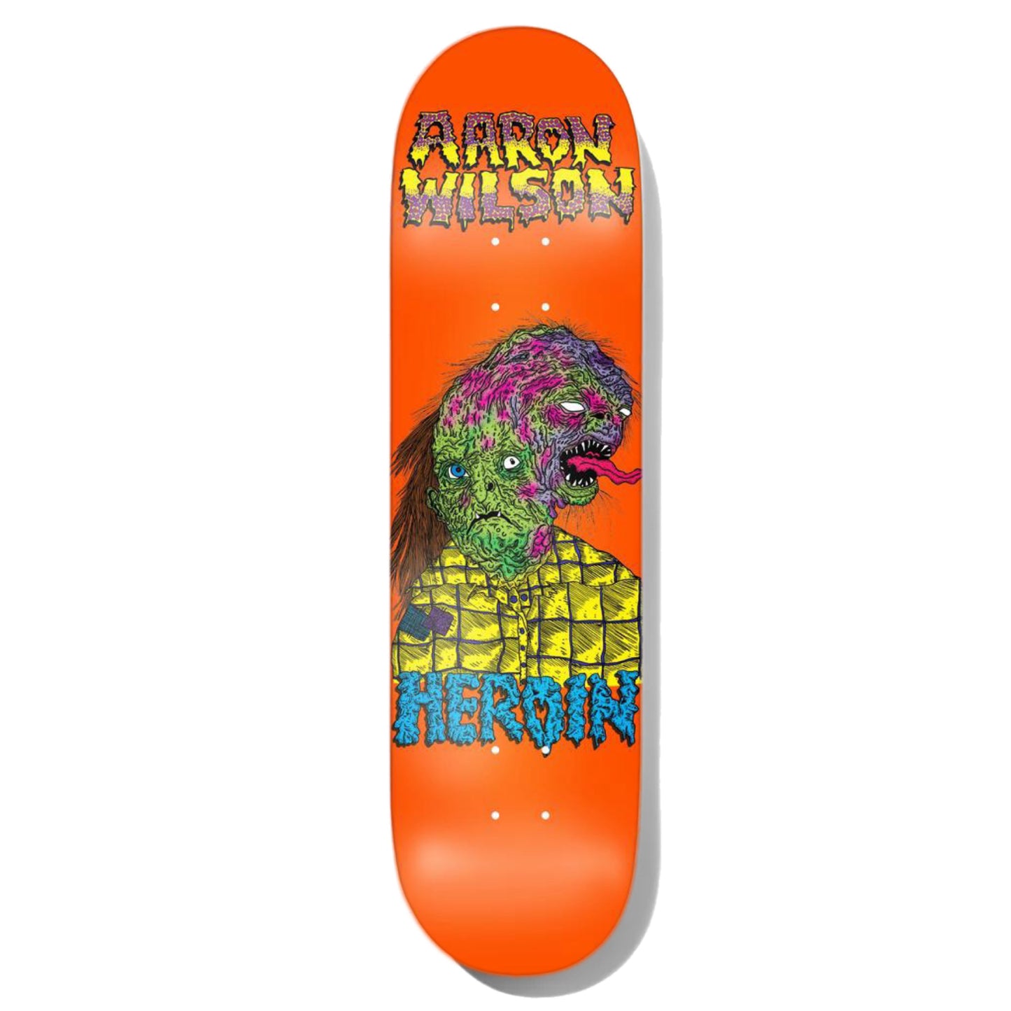Heroin Wilson Face Melter Skateboard Deck; Orange background; Grimy looking man with head growing out of his; HEROIN at bottom in blue;