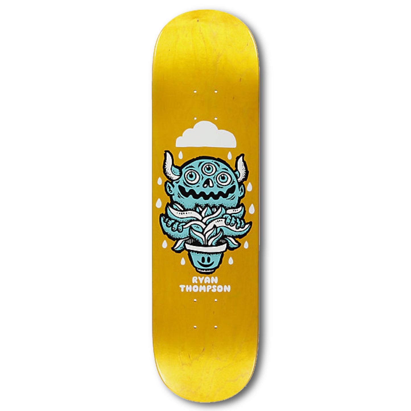 Roger Skate Co. Ryan Thompson Water Spirit Skateboard Deck; Yellow background with illustrated blue and white graphic featuring three-eyed horned creature and a potted plant; graphic also features white cloud and raindrops; white text below graphic spells out “Ryan Thompson”