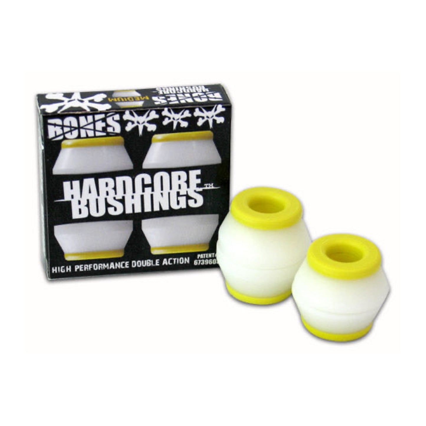 White and Yellow Bones Hardcore Skateboard Bushings; Medium durometer for a balance of responsiveness and stability; High-performance bushings designed for skateboarding;