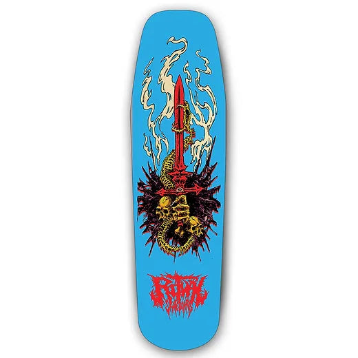 Ritual From Ashes Skateboard Deck; Blue background; Red lettering spells out “Ritual Skateboards” in abstract font ; Illustrated multicolored graphic features skulls, bones, and sword with smoke