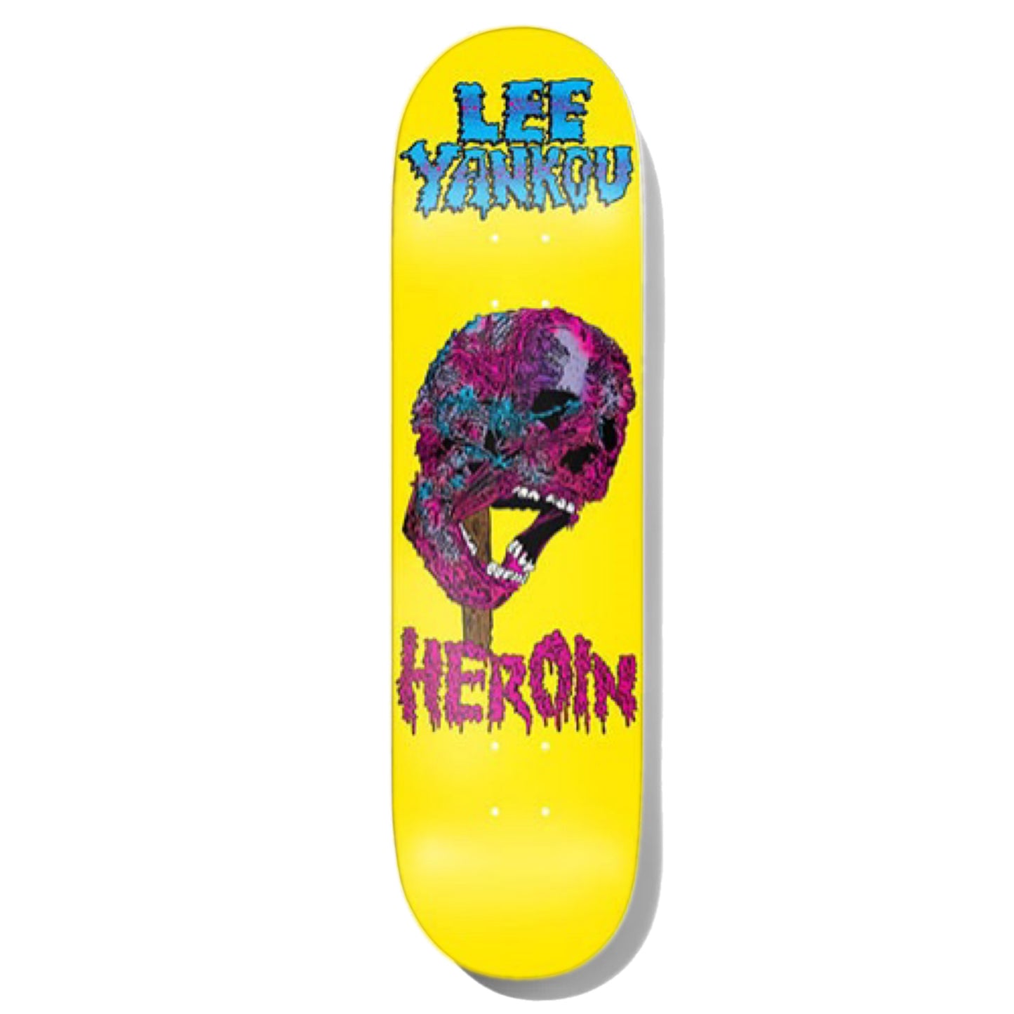 Heroin Lee Yankow Face Melter Skateboard Deck; Yellow background with a pink fleshy skull on a stake; Blue LEE YANKOU at the top and HEROIN in pink at the bottom;