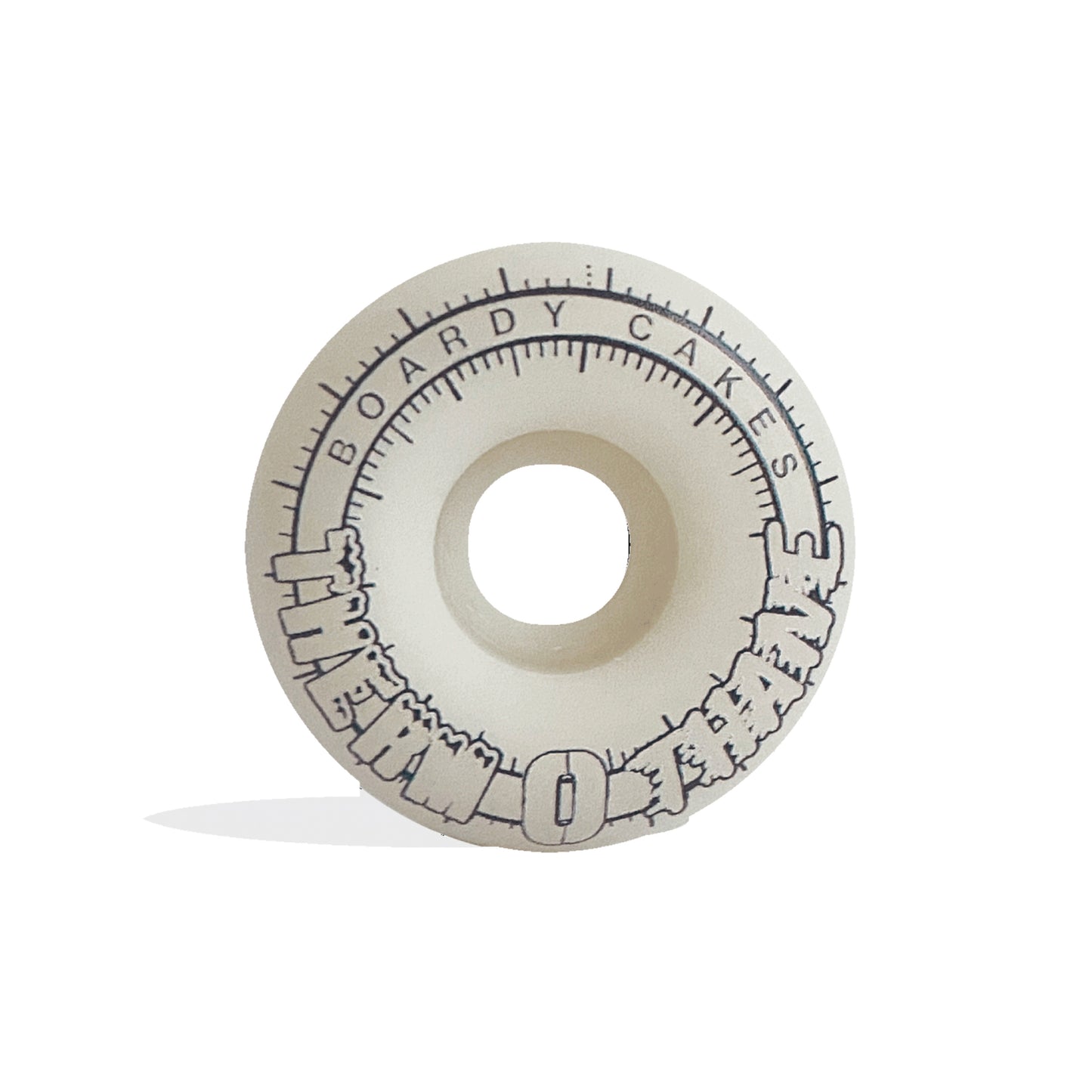 Boardy Cakes Therm O Thane Cold Shift Skateboard Wheels; White color for a clean and versatile look; Features Therm O Thane technology that changes color based on temperature; Side profile shown in alternate angle for visual reference;