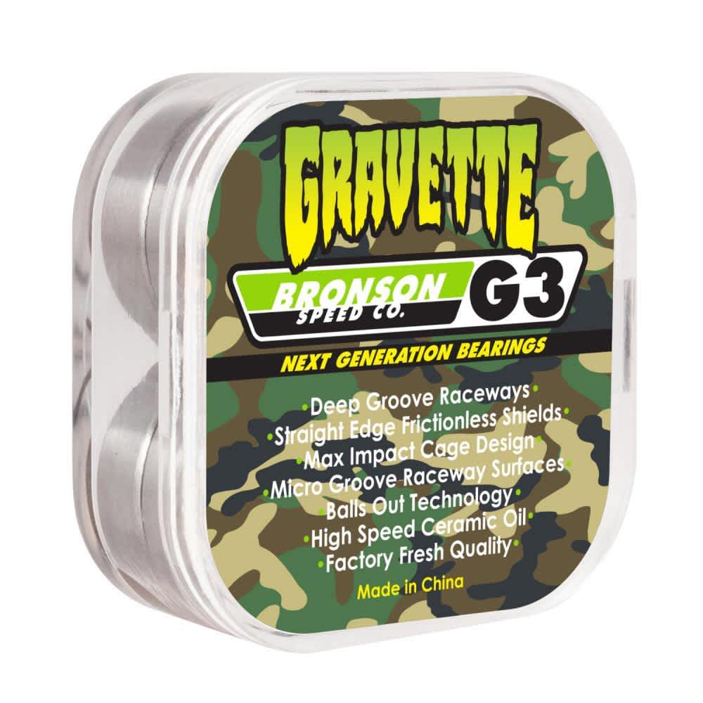 Bronson Speed Co. G3 David Gravette Pro Skateboard Bearings; Package shows list of bearing qualities and specifications; camouflage background with "GRAVETTE" in creature green lettering style;