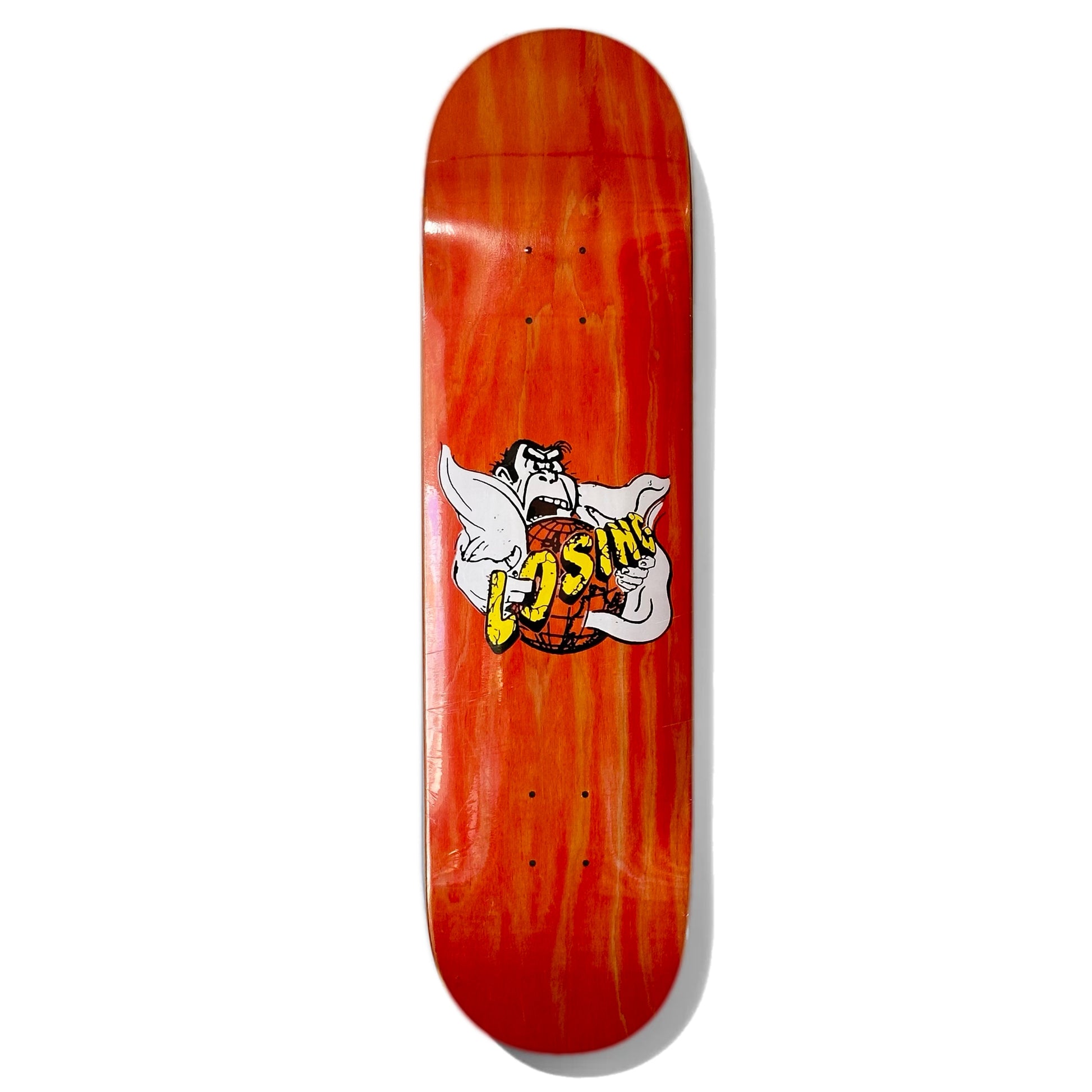 Losing Gorilla Skateboard Deck; Red background; Illustrated multicolored (black, yellow, white) graphic features gorilla type creature holding a globe with yellow lettering that spells out “Losing” across the front of the graphic 