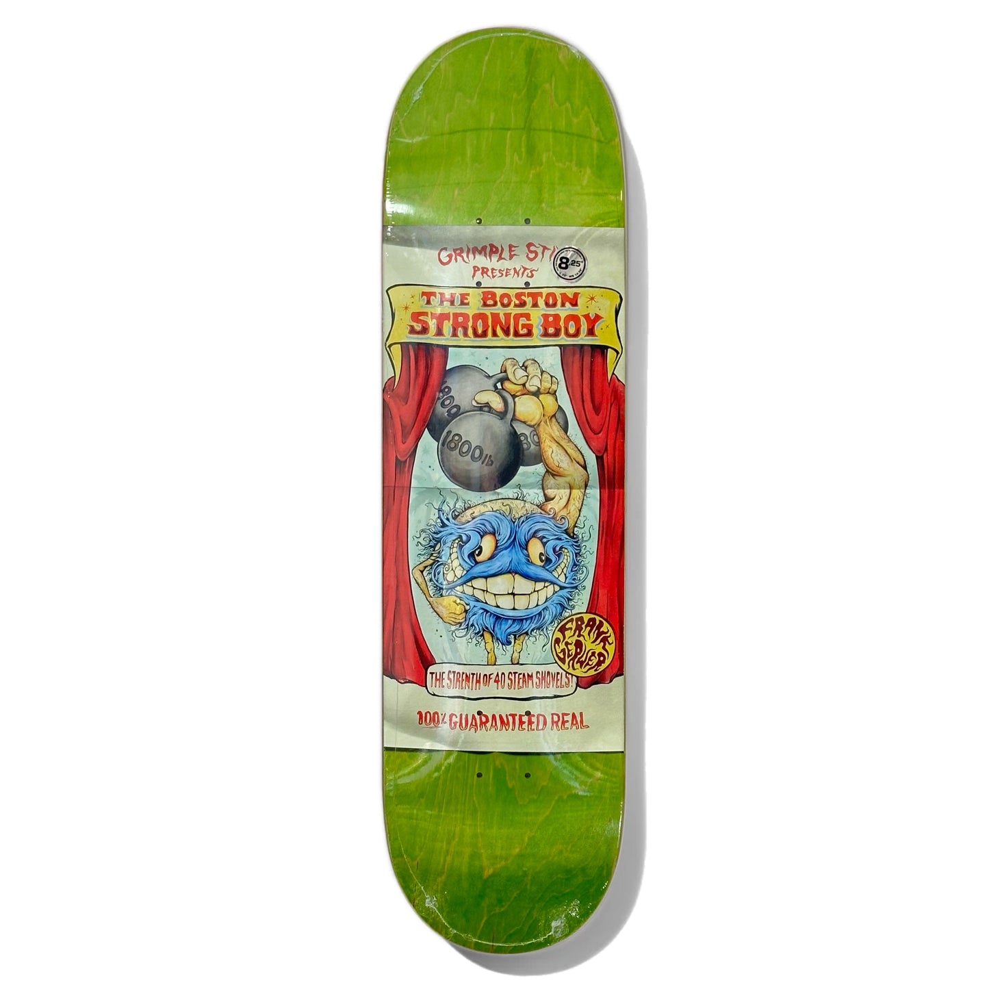 Green Grimple Stix Gerwer Slideshow Skateboard Deck; Frank Gerwer; The Boston Strong Boy; Grimple Stix logo creature holding weights above head; red curtain;