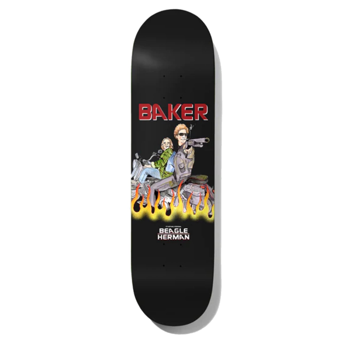 Baker Herman Nothin Personal Skateboard Deck; Black background with horizontal red text spelling out "Baker"; Multicolor illustrated graphic features spoof of Terminator 2 with two people (Beagle and Brian Herman) sitting on motorcycles, one holding a gun, with yellow and orange flames in foreground