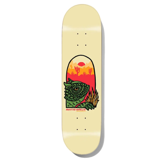 Roger Skate Co. Austin Amelio Sunset Skateboard Deck; Pale yellow background with a desert gecko and a sunset in the background; Austin Amelio Pro Model; Small text below graphic in coral color spells out "Austion Amelio" and "Roger Skate. Co."