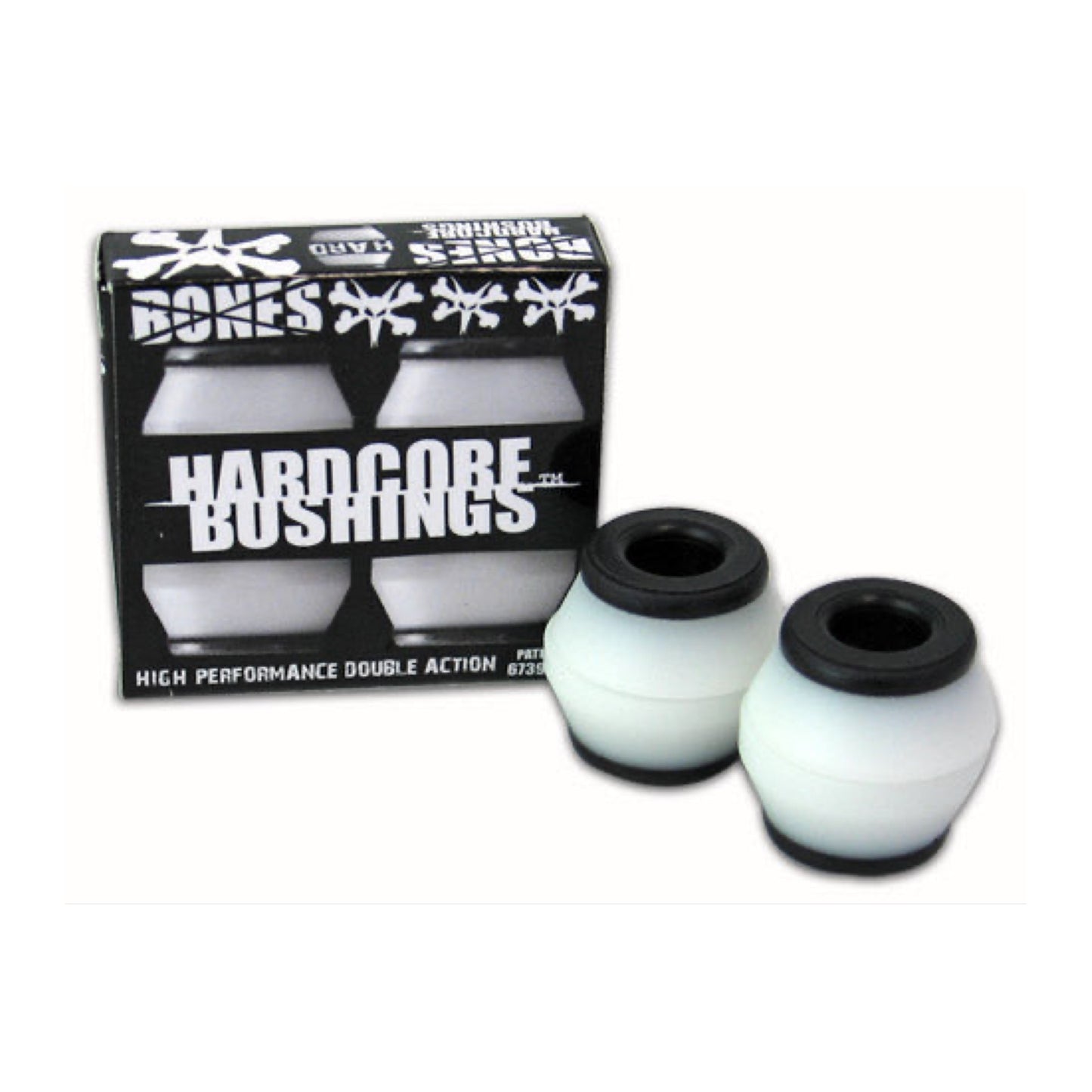 White and Black Bones Hardcore Skateboard Bushings; Hard durometer for maximum stability and control; High-performance bushings designed for skateboarding;