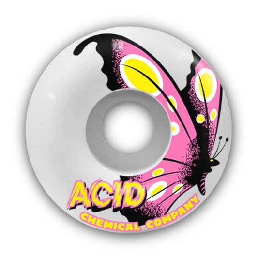 Acid Chemical Co. Butterfly Type A Skateboard Wheels; White skateboard wheel features a side print of a pink butterfly with yellow dots; Yellow lettering spells out “Acid Chemical Company”