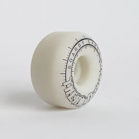 Boardy Cakes Therm O Thane Cold Shift Skateboard Wheels; White color for a clean and versatile look; Features Therm O Thane technology that changes color based on temperature; Width shown in alternate angle for visual reference; 