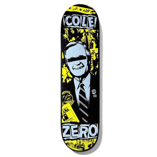 Zero Cole Texas Hold Em Skateboard Deck; Black background; Illustrated graphic in black, white, and yellow features President Bush Sr. with black bar censoring his eyes; yellow graphic details include text and lettering that look like news stories and other graphics that appear like photos; White lettering spells out “Cole” and “Zero” in bold text