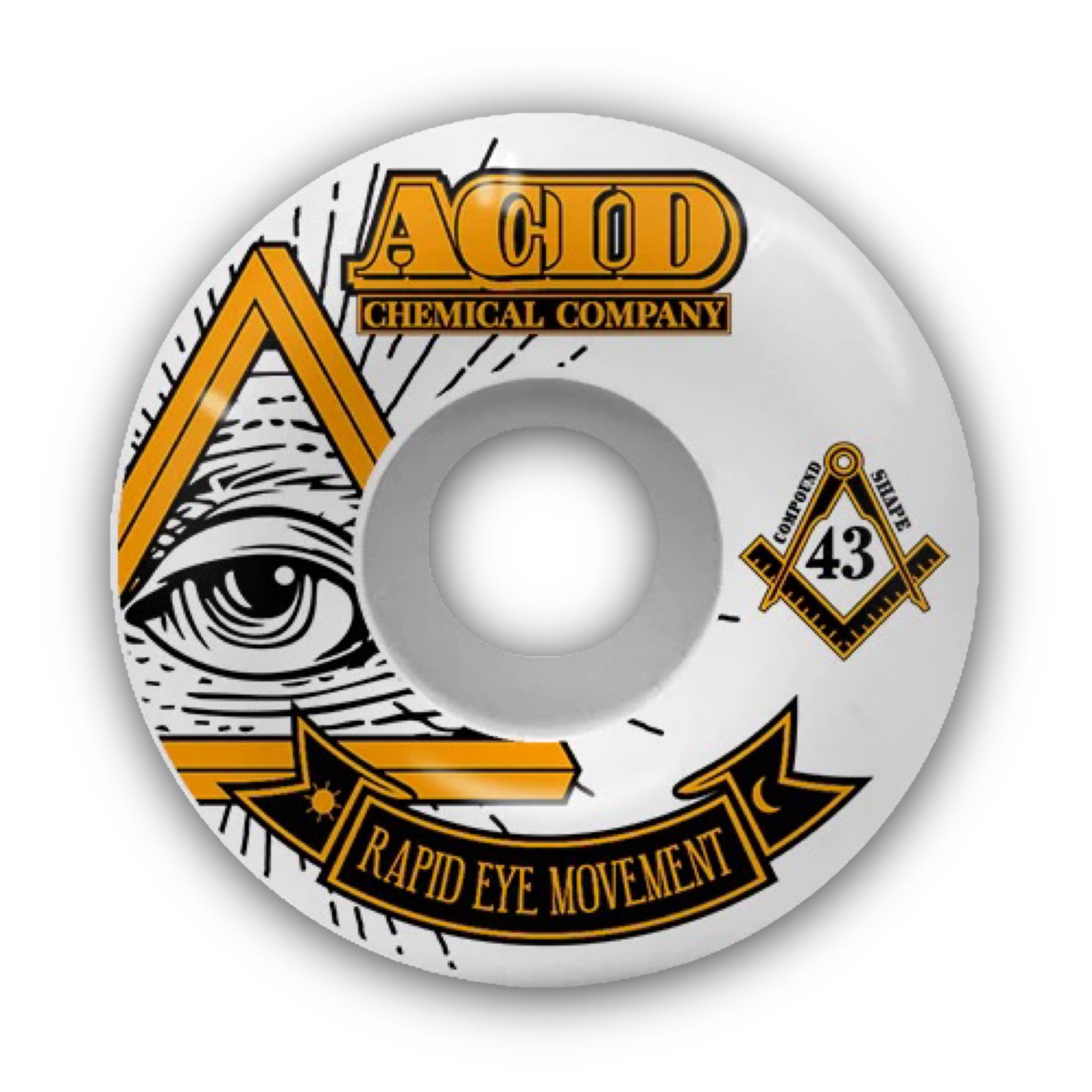 Acid Chemical Co. Pyramid REM Formula Skateboard Wheels; White skateboard wheels with a yellow side print; Side print graphic features an eyeball inside a triangle and the text Rapid Eye Movement; Yellow lettering also spells out “Acid Chemical Company”