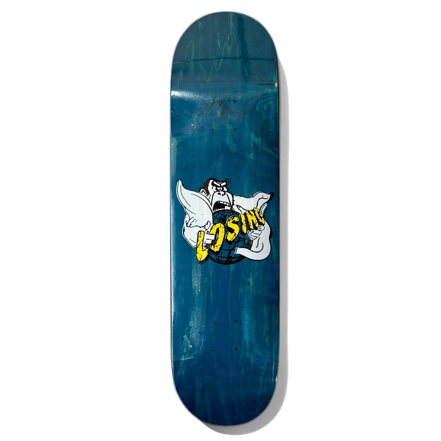 Losing Gorilla Skateboard Deck; Blue background; Illustrated multicolored (black, yellow, white) graphic features gorilla type creature holding a globe with yellow lettering that spells out “Losing” across the front of the graphic