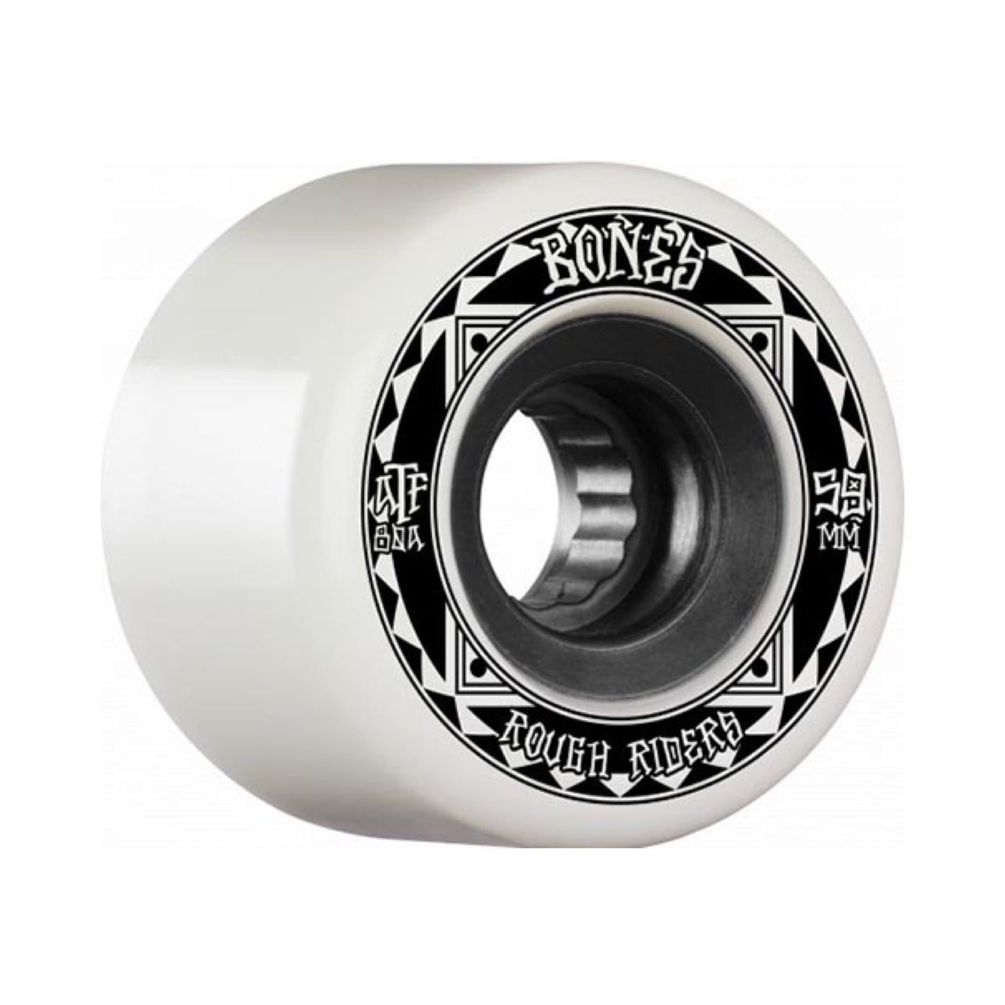 Bones ATF Rough Rider Runners Skateboard Wheels; White wheels with a black core for a sleek and contrasting look; Side print graphic featuring the Bones logo and black triangles design; Durable construction for reliable performance on various terrains; ATF formula provides a smooth and comfortable ride;
