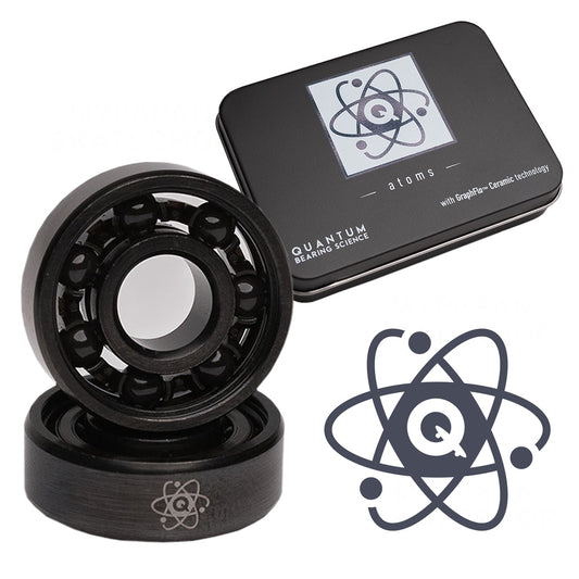 Quantum Science Atom Series Skateboard Bearing Kit; Package features the Quantum logo; Includes a sleek black case with an atom design; Provides high-quality bearings for optimal skateboarding performance;