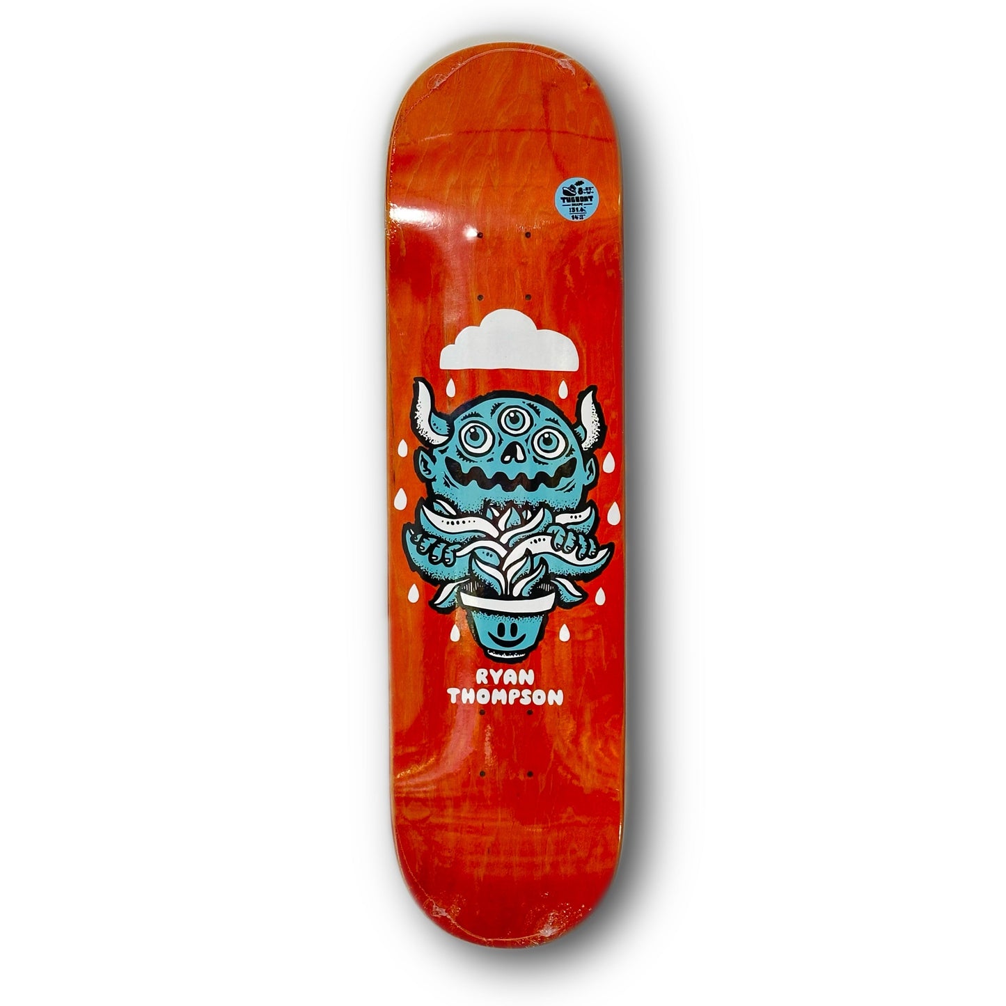 Roger Skate Co. Ryan Thompson Water Spirit Skateboard Deck; Orange background with illustrated blue and white graphic featuring three-eyed horned creature and a potted plant; graphic also features white cloud and raindrops; white text below graphic spells out “Ryan Thompson”