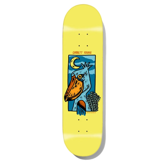 Roger Skate Co. Garrett Young Waterfall Skateboard Deck; Yellow background with an illustrated graphic featuring a crescent moon, bird, and a waterfall at the bird’s chest; Garrett Young Pro Model; red text spells out “Garrett Young” above graphic and “Roger Skate Co.” below graphic