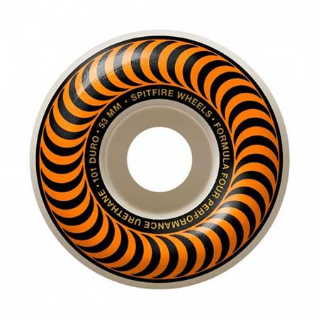 Spitfire Formula Four Classic Skateboard Wheels; White wheels with an orange and black overlapping arcs side print; Classic design for a timeless and stylish look; Durable construction for reliable performance and longevity; Formula Four urethane provides excellent speed, grip, and control;