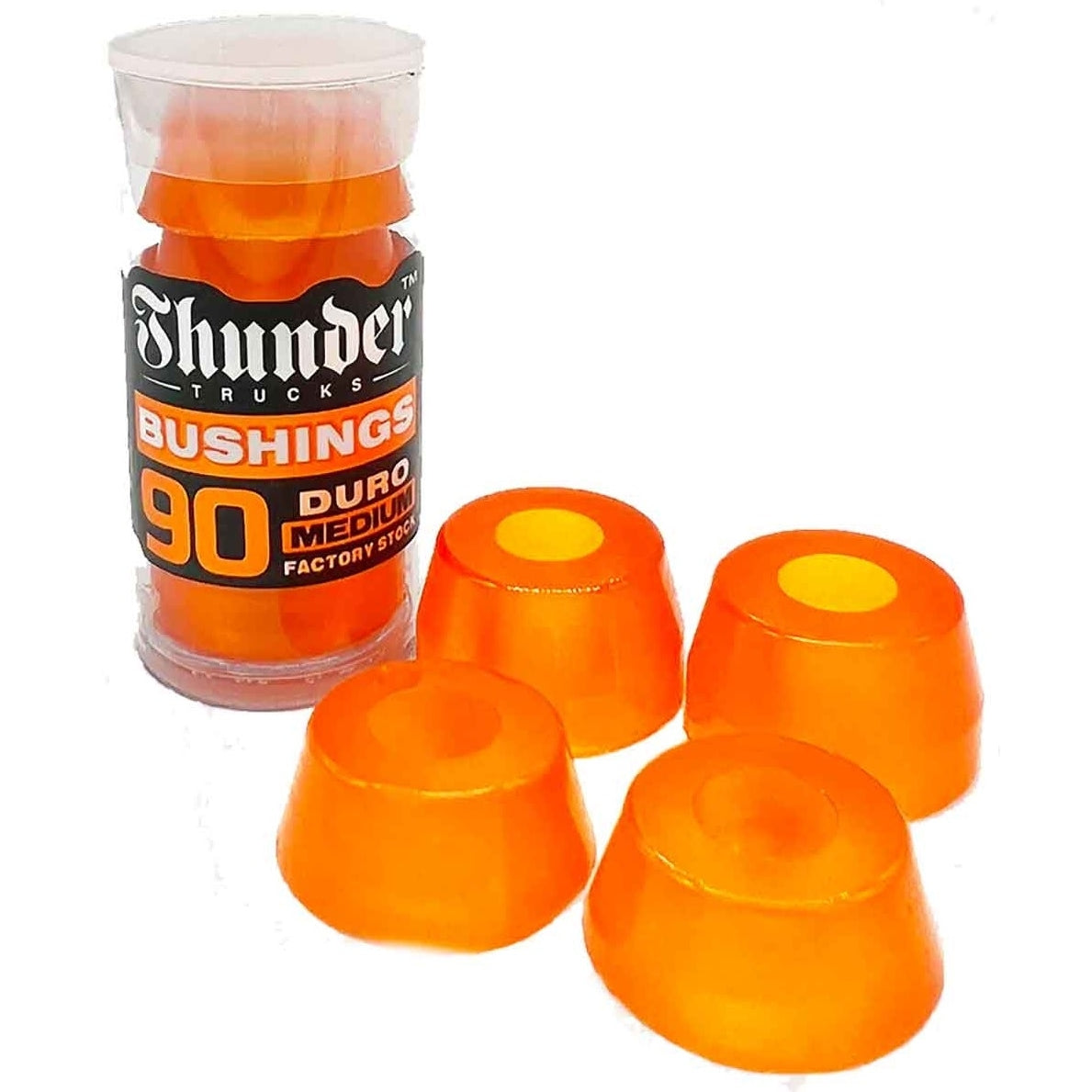 Orange Thunder Premium Skateboard Bushings; Medium durometer for a balanced ride; Factory stock bushings designed for Thunder skateboard trucks; Enhances responsiveness and maneuverability;