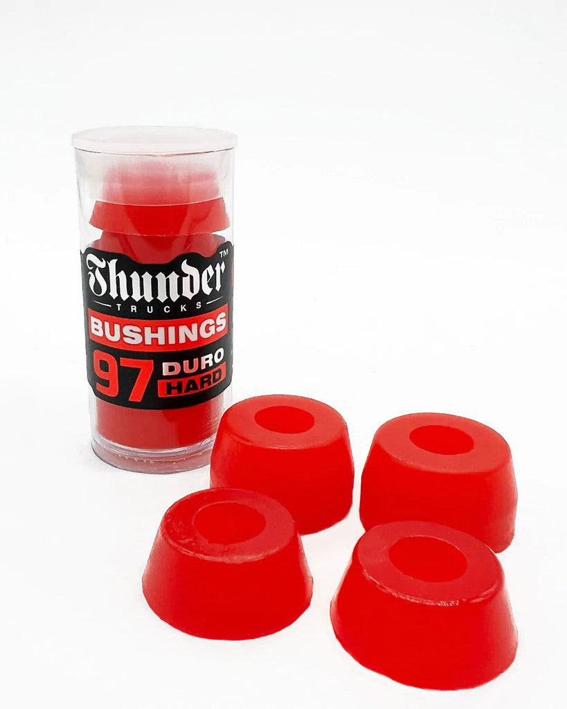 Red Thunder Premium Skateboard Bushings; Hard durometer for increased stability and control; Designed specifically for Thunder skateboard trucks;