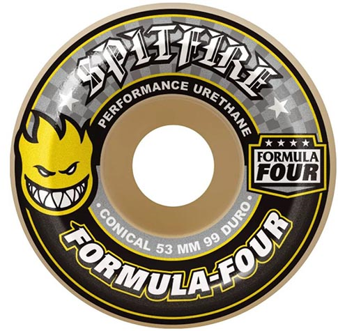 Spitfire Formula Four Conical Skateboard Wheels; Off-white color wheels with a grey and yellow design on the side print; Features a small Spitfire logo and the text "Spitfire" with small stars; Durable construction for reliable performance and long-lasting use; Formula Four urethane provides excellent speed, grip, and control;