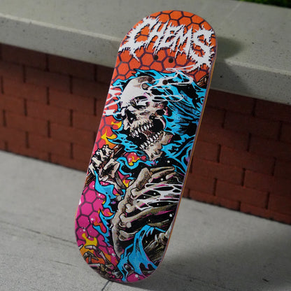 Chems 1 of 1 Blue “Fire Grim” Pink/Orange Fade Honeycomb (Purple Bottom Ply) Fingerboard Deck (34mm Mid-Pro Popsicle)